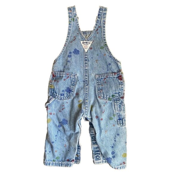 VTG OshKosh B'Gosh Size 12 Months Blue Faded Paint Splatter Overalls RARE! - Picture 2 of 9